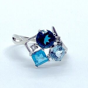 Vtg Sterling Topaz & Diamond Gemstone Cluster 925 Silver Ring | Sz 8.25